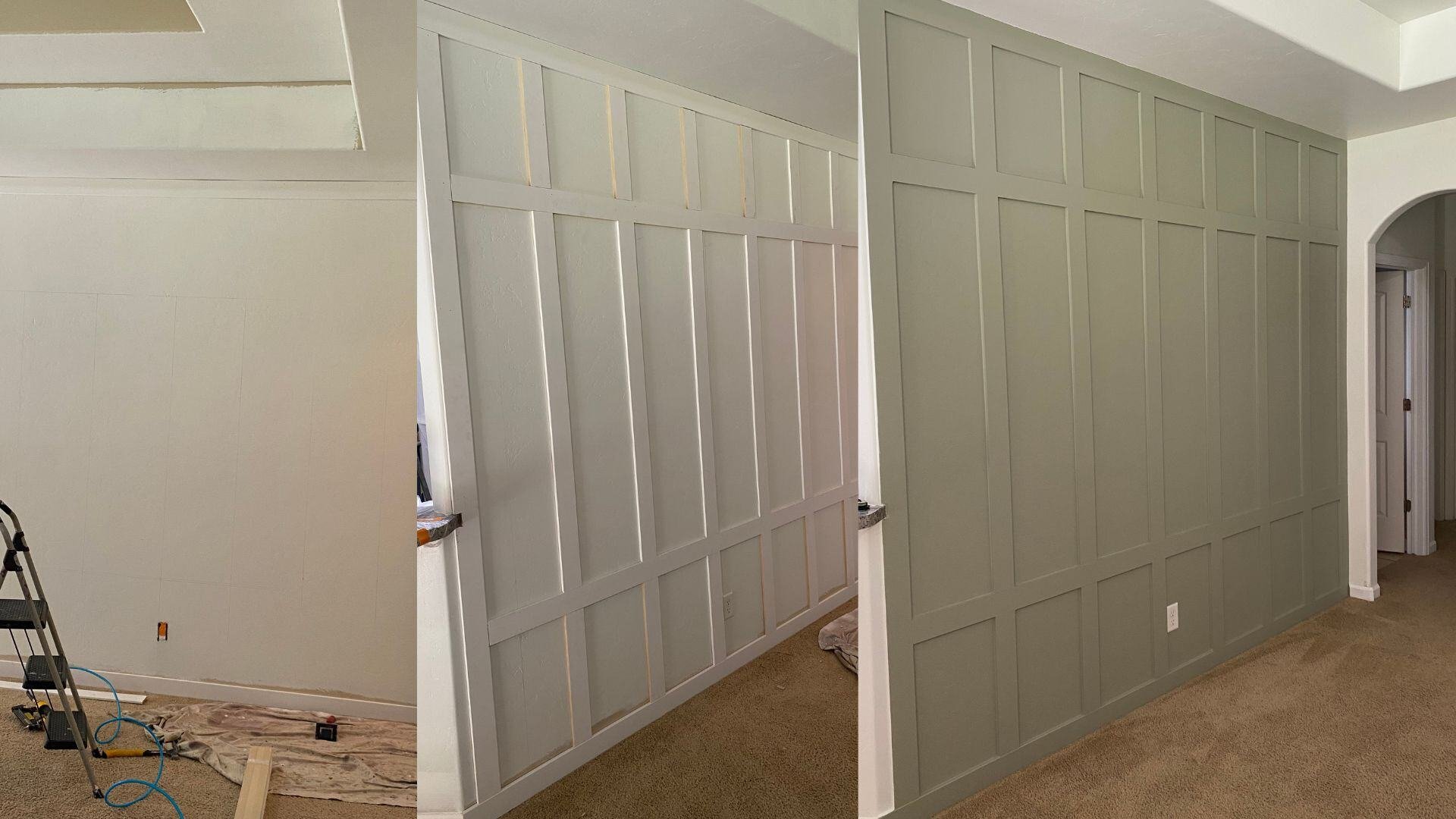 Before, during, and after transformation of a full white wall, adding wooden panels and finishing with a deep green paint for a bold accent by LLP Home Renovation
