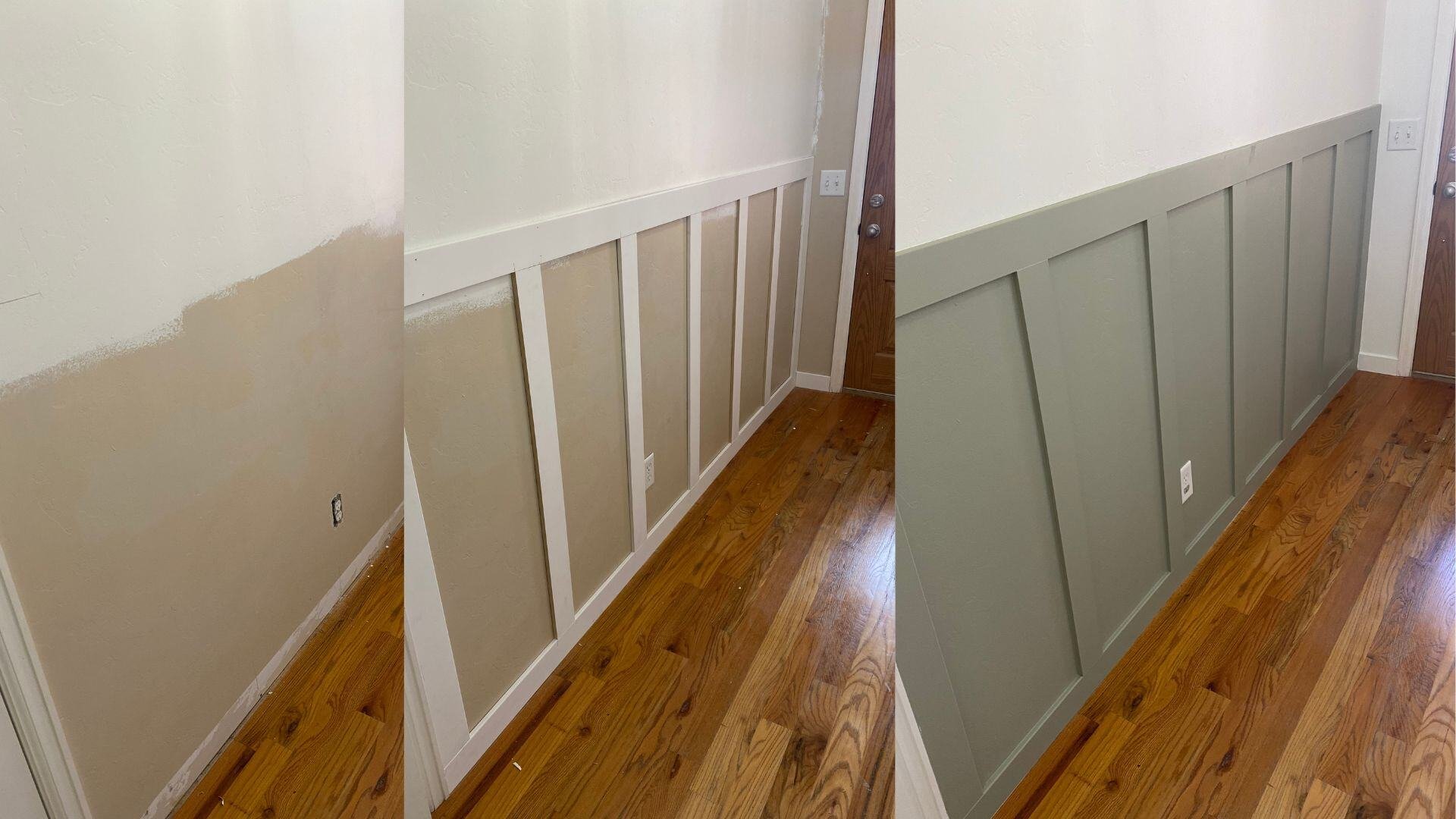 Side by side progression of an accent wall makeover. Starting as a plain white and beige wall, adding wooden panels, and finishing with a bold green paint for a stylish upgrade by LLP Home Renovation