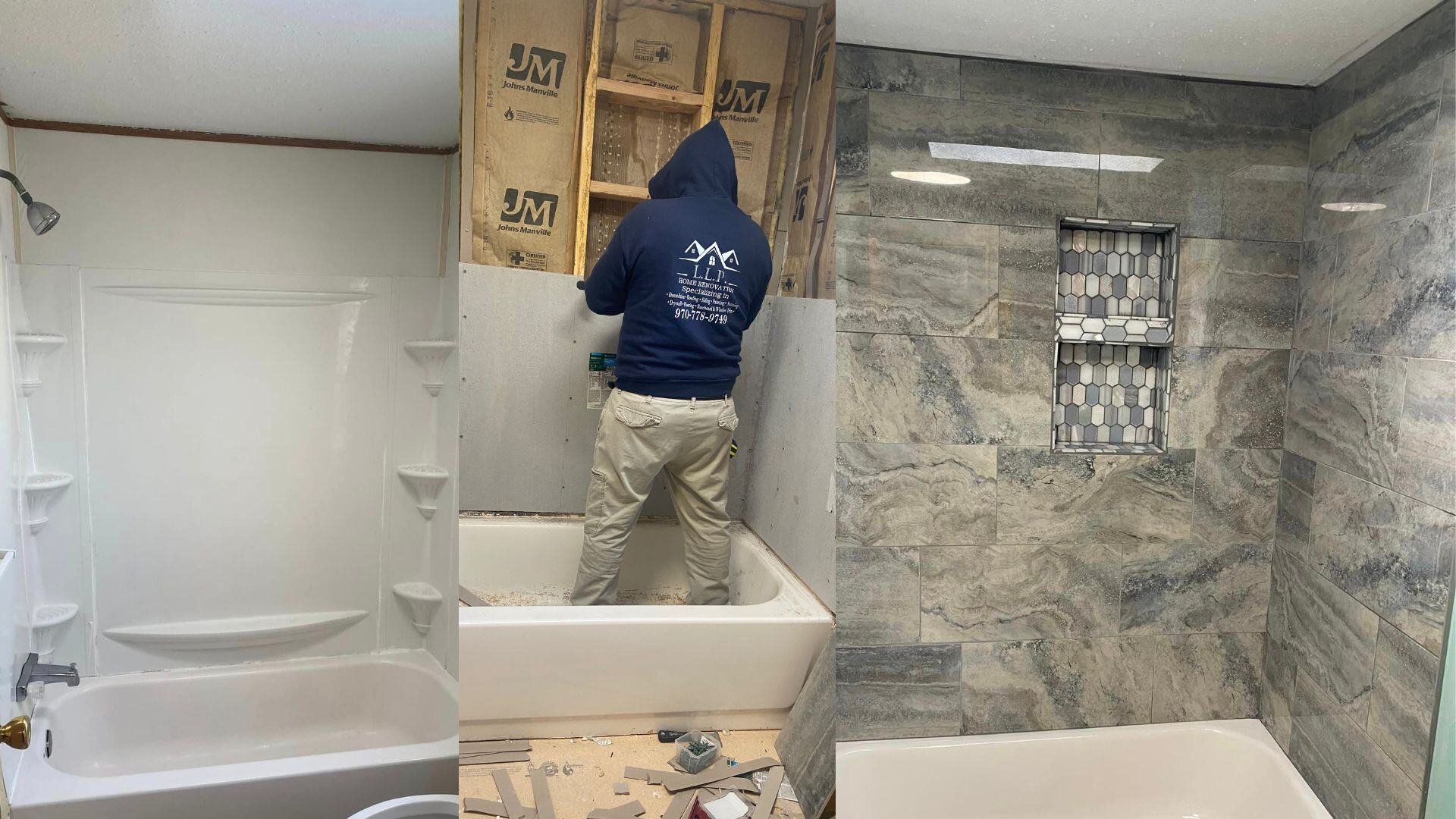 Transformation of a plain white bathroom to a stunning tiled space, with progress showing a worker fixing a shelf during renovations completed by LLP Home Renovation