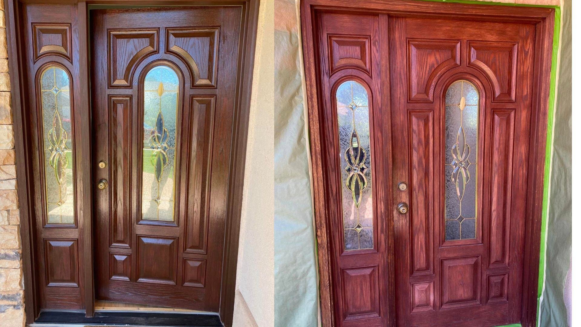 Before and after front door transformation from brown to a vibrant red by LLP Home Renovations