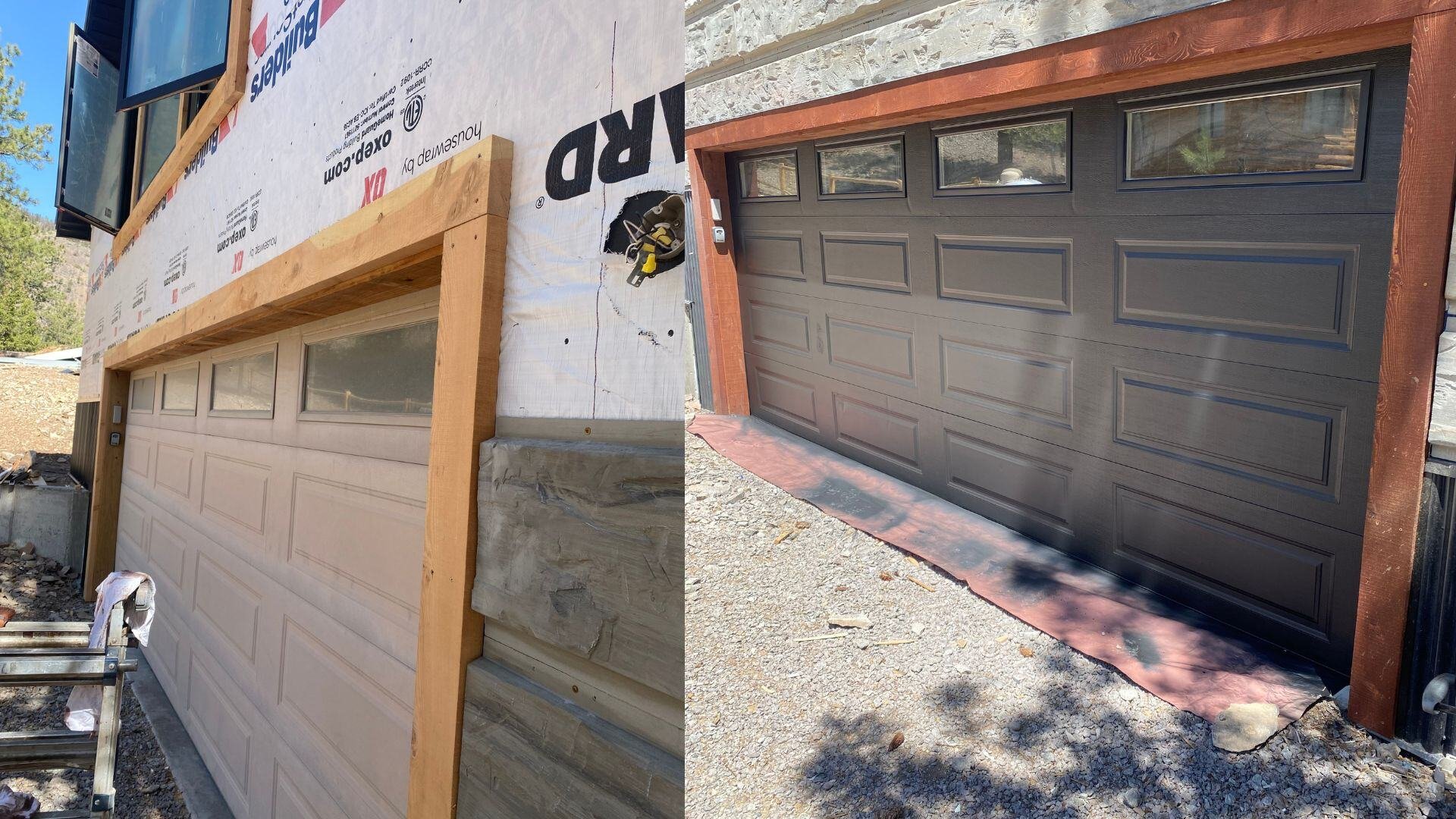 Garage door makeover showing a before and after transformation from beige to modern black, enhancing the home's exterior by LLP Home Renovation