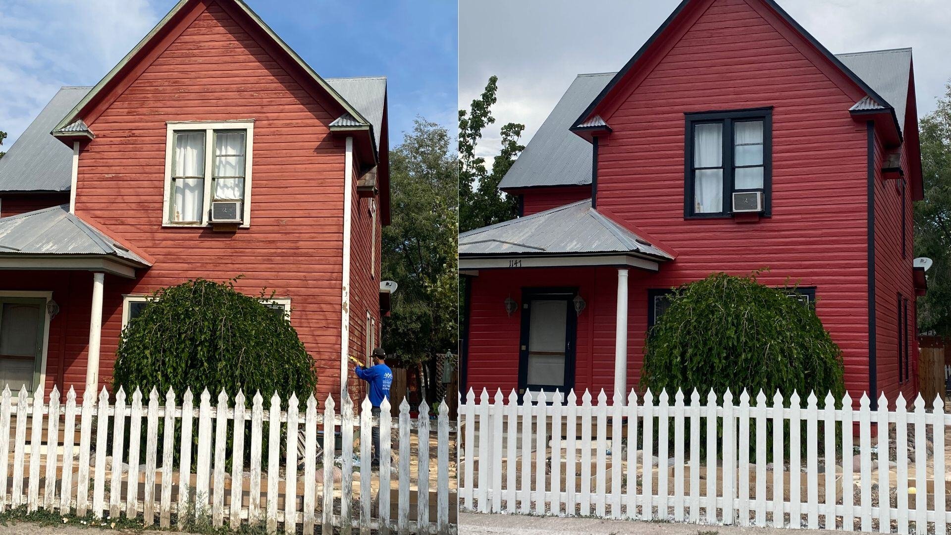 Side by side comparison of a home renovation, updating a faded red exterior and chipped white fence to a bold dark red with black trim and a refreshed white fencing by LLP Home Renovation