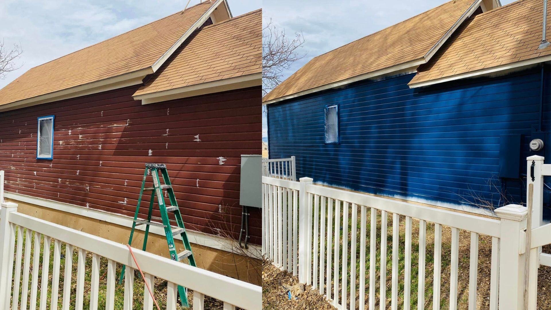 side by side comparison of a house renovation: faded red exterior with chipped paint transformed into a fresh deep blue, giving the home a new look by LLP Home Renovation.