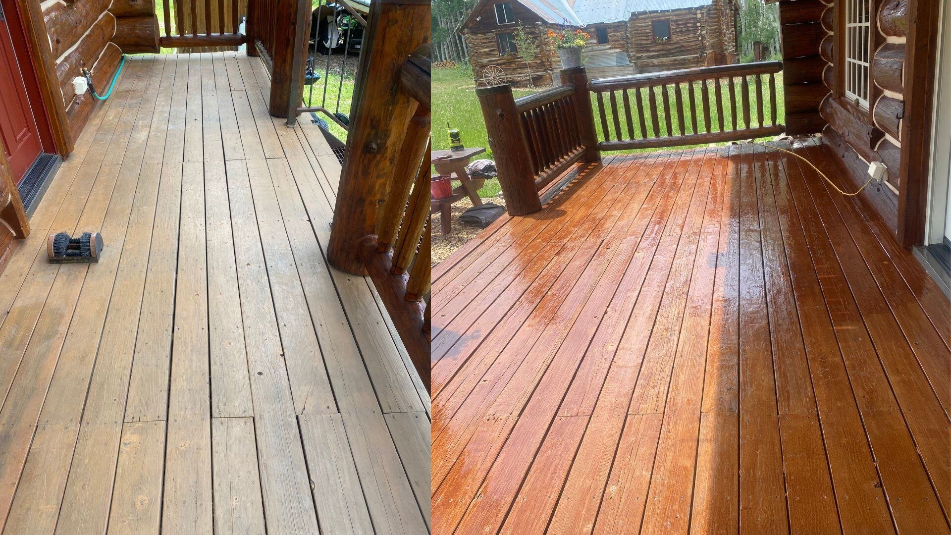 Side-by-side comparison of a deck before and after staining, enhancing its color and durability with a polished finish by LLP Home Renovation