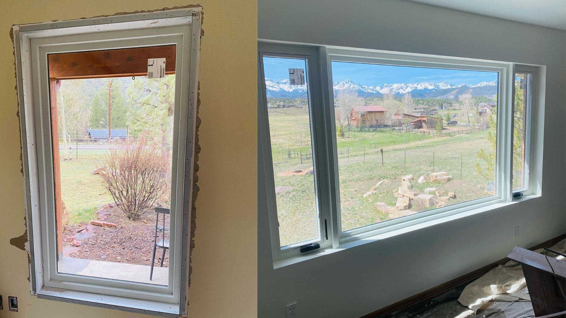 Side by side comparison of two window installation projects: a new small window addition and an larger window upgrade for enhance natural light by LLP Home Renovation